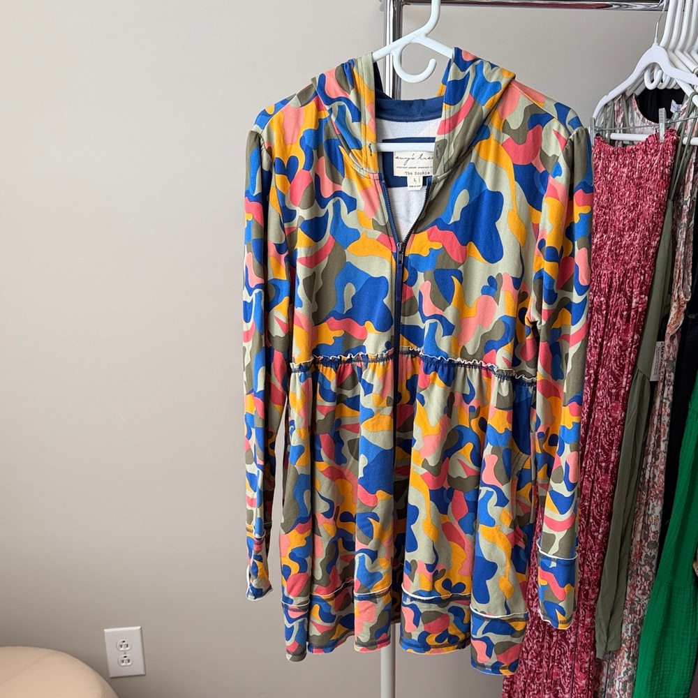 Evy's Tree Blue, gold, olive cammo hooded tunic “the sophie”